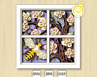 3D Bee With Spring Blossoms Shadow Box SVG, Layered Flower SVG, Bee Shadow Box, Honey Bee Svg, Layered Flower Papercut svg Cricut Silhouette