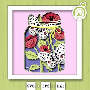 3D vlinders in pot Shadow Box SVG, gelaagde klaproos bloemen SVG, Apollo 3D Svg, klaprozen Svg, Spring Shadow Box, bloemen svg Cricut silhouet