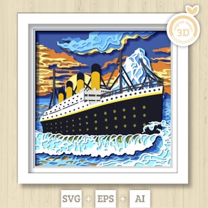 3D SVG Ocean Liner Shadow Box, schip 3D Svg, 3D Svg zonsondergang, 3D Svg zee, 3D Svg zomer, 3D Svg zomer, Ocean Liner 3D-svg, 3D SVG-boot, Cricut silhouet