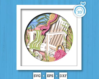 Beach Chair with Seashells - 3D Shadow Box Layered SVG DXF EPS (Cutting Files)