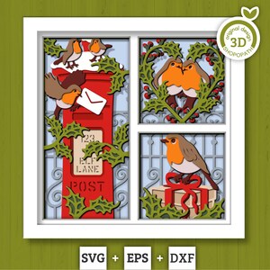 Christmas Robin Couple Postbox Panels - 3D Shadow Box Layered SVG DXF EPS (Cutting Files)