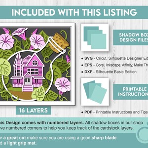 3D SVG Morning Glory Flowers With Terrarium House Shadow Box, 3D Summer SVG, Morning Glory 3D SVG, Layered Flowers 3d Svg, Cricut Silhouette image 3