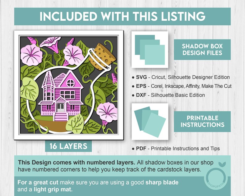 3D SVG Morning Glory Flowers With Terrarium House Shadow Box, 3D Summer SVG, Morning Glory 3D SVG, Layered Flowers 3d Svg, Cricut Silhouette image 3