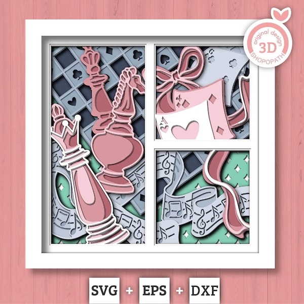 Chess with Playing Cards Panels - 3D Shadow Box Layered SVG DXF EPS (Cutting Files)