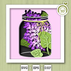 Fleurs lilas dans un pot Mason - 3D Shadow Box en couches SVG DXF EPS (fichiers de découpe)