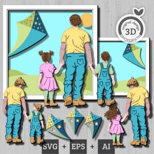 3D SVG familie spelen met vliegers, Vaderdag 3D Svg, familie zoon 3D svg, familie dochter SVG, vader 3D Svg, familie 3D SVG, Cricut silhouet
