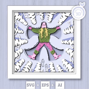3D SVG Winter Shadow Box, Snow Angel Shadow Box Svg, sneeuwvlokken 3D Svg Birch Forest 3D Svg Wintertrui Shadow Box svg Cricut Silhouette