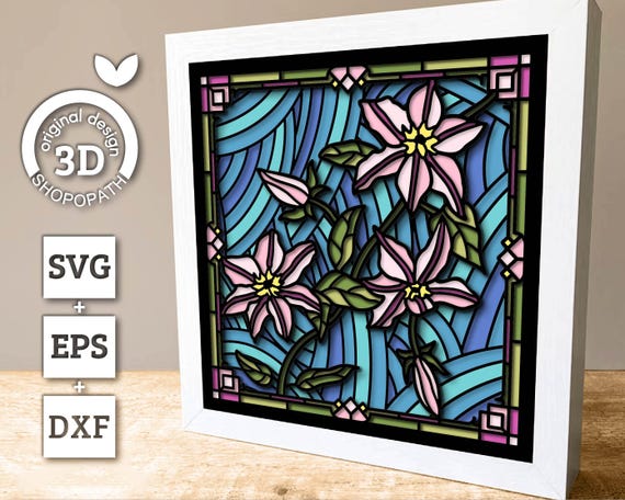 クレマチスの花のステンドグラス - 3DシャドウボックスレイヤーSVG DXF