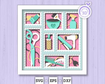 Hair Salon Tools Stamps - 3D Shadow Box Layered SVG DXF EPS (Cutting Files)
