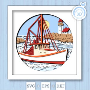 Scatola di ombreggiatura 3D per barche in formato SVG con design a strati di faro nautico per Cricut e Silhouette con file di taglio DXF ed EPS
