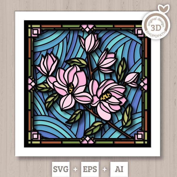 3D SVG Stained Glass Magnolia Flowers Shadow Box, 3D Flowers svg, 3D Floral Stained Glass Papercut, Shadow Box svg, Cricut Silhouette