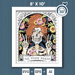 Caja de sombras de 8 x 10 con esqueleto hippie en SVG 3D, caja de sombras de Halloween en SVG 3D, cartas en SVG 3D, flores en SVG 3D, tarot en SVG 3D, silueta de Cricut
