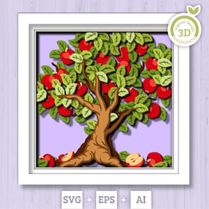 3D SVG pommier pommier ombre boîte SVG, 3D SVG pommes, boîte d'ombre d'été, pommier 3D svg, svg 3d fleurs, svg 3d été, silhouette Cricut