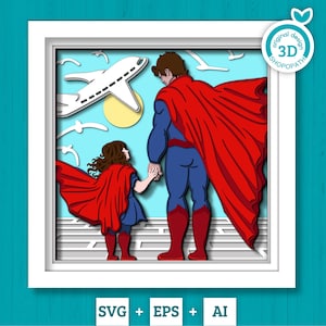 3D SVG Vater und Tochter Schattenbox, 3D Super Dad SVG, Held Schattenbox 3D svg, Vatertag 3d svg, Held Vater 3d SVG, Cricut Silhouette