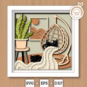 Boho Swing Chair with Cats - 3D Shadow Box Layered SVG DXF EPS (Cutting Files)