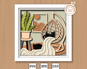 Boho Swing Chair with Cats - 3D Shadow Box Layered SVG DXF EPS (Cutting Files)