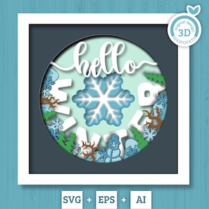 3D hiver couches SVG EPS, boîte d'ombre d'hiver, flocon de neige 3D Svg, arbres de Noël 3D Svg, bonhomme de neige Papercut svg, Silhouette Cricut