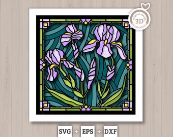 Iris Flowers Stained Glass - 3D Shadow Box Layered SVG DXF EPS (Cutting Files)