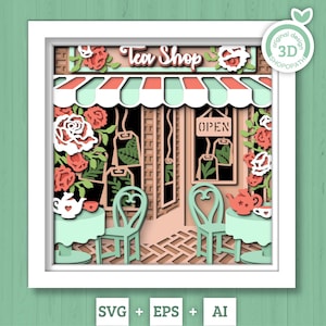 3D SVG magasin de thé Shadow Box, Svg 3D Tea Party, magasin de thé Svg 3D, roses Shadow Box, théière fleurs Papercut Svg en couches, Silhouette Cricut