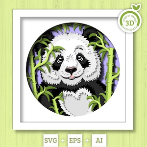 Panda SVG 3D com caixa de sombra de bambu, Panda SVG 3D, Svg de bambu 3D, SVG de urso panda 3D, Caixa de sombra de planta de bambu 3D svg, Silhueta Cricut