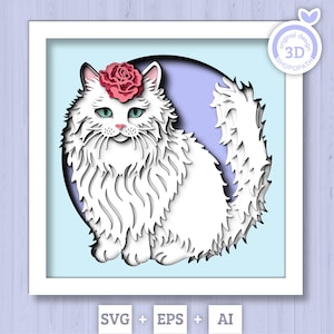 3D SVG chat Shadow Box, SVG en couches de chat blanc persan, animal de compagnie commémoratif chaton 3D, animaux Shadow Box 3D couches Rose Silhouette Cricut