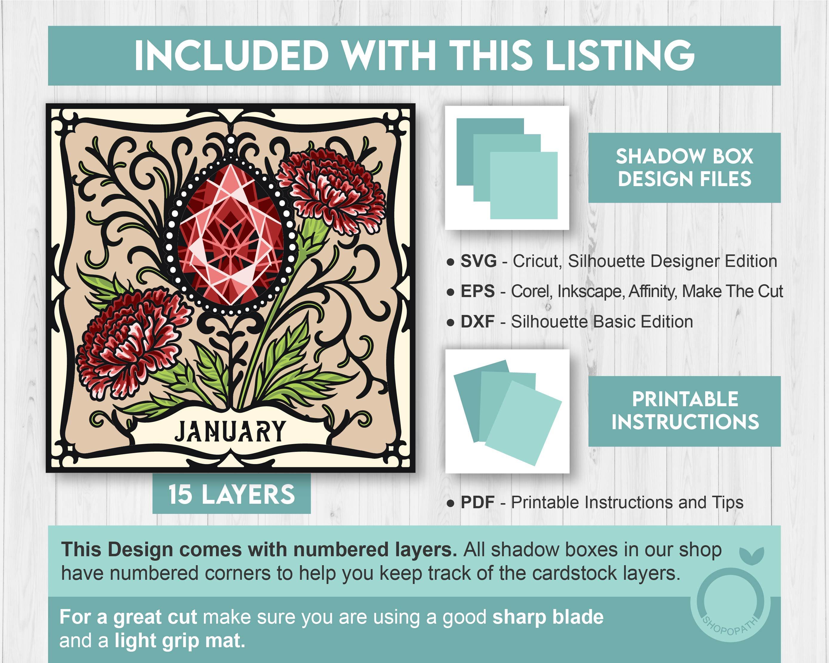 January Shadow Box 3D SVG Birth Month Garnet Gemstone With Carnation ...