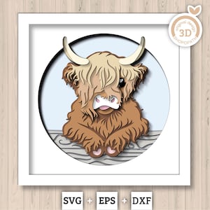 May include: A layered paper art piece of a Highland cow, featuring shades of brown and tan fur, white horns, and a pink nose. The artwork is set against a light blue background within a white frame. The image includes the text "SVG + EPS + DXF".