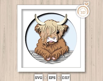 May include: A layered paper art piece of a Highland cow, featuring shades of brown and tan fur, white horns, and a pink nose. The artwork is set against a light blue background within a white frame. The image includes the text "SVG + EPS + DXF".