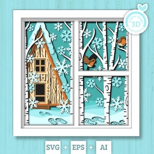 3D SVG Winter Schattenbox, geschichtete Robin Schattenbox svg, Schneeflocken 3D svg, Birkenwald 3d svg, Weihnachtsschattenbox svg Cricut Silhouette