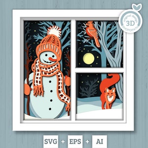 3D SVG Winter Schattenbox, Geschichtete Winter zwarte, Schneemann Schattenbox, Fuchs 3D SVG, Weihnachten Cardinal Snow Woods 3D SVG, Cricut Silhouette
