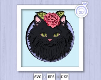 Persian Black Cat Head with Rose - 3D Shadow Box Layered SVG DXF EPS (Cutting Files)