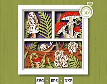 Mushrooms and Snail Forest Panels - 3D Shadow Box Layered SVG DXF EPS (Cutting Files)