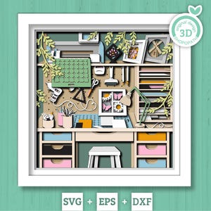Artisanat chambre Shadow Box 3D SVG avec outils de loisirs, bureau, machine de découpe Brother et papier cartonné, fichiers DXF EPS pour Cricut Silhouette Brother