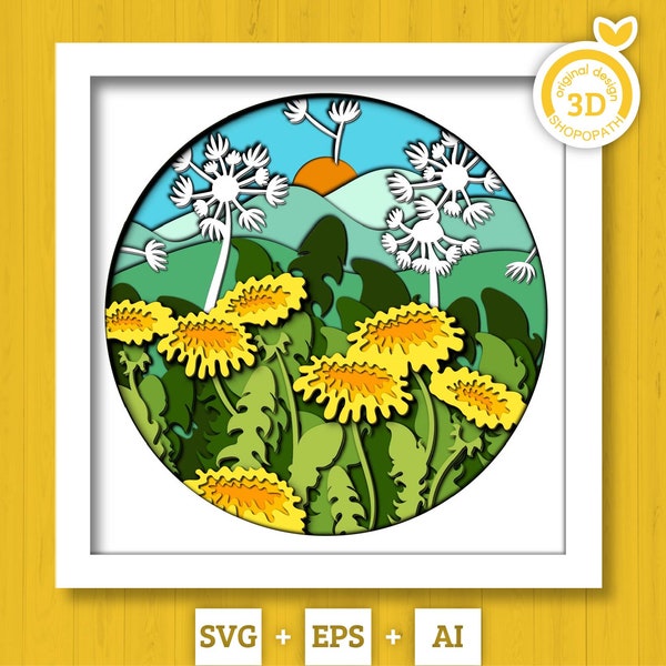 3D Layered Dandelions SVG EPS, Floral Shadow Box, Spring Time 3D Svg Layered Papercut svg, 3d Flowers, Layered Flower, Cricut Silhouette
