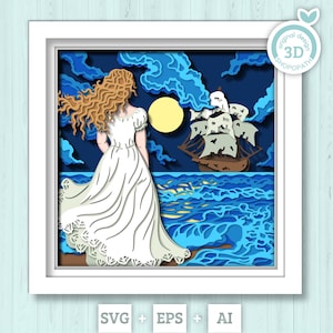 3D SVG Donna che guarda la scatola delle ombre della nave fantasma, Nave fantasma 3D Svg, Mare 3d Svg, Nave 3D SVG, Estate 3D Svg, Paesaggio marino 3d SVG, Cricut Silhouette