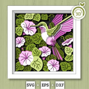 Morning Glory Flowers with Hummingbird - 3D Shadow Box Layered SVG DXF EPS (Cutting Files)