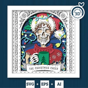 Caja de sombras con esqueleto de Papá Noel en formato SVG 3D, caja de sombras navideña en formato SVG 3D, alegría navideña en formato SVG 3D, tarot en formato SVG 3D, silueta de Cricut