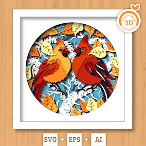 Pareja de cardenales en una rama de abedul en formato SVG 3D, cardenal en formato SVG 3D, hoja de abedul en otoño en formato SVG 3D, silueta de Cricut en formato SVG de otoño