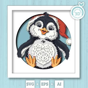 3D SVG-pinguïn met kerstmuts schaduwdoos, 3D SVG Winter, 3D Svg-pinguïn, Noordpool 3D-SVG, kerstmis 3D-svg, kerstman 3D-svg Cricut silhouet