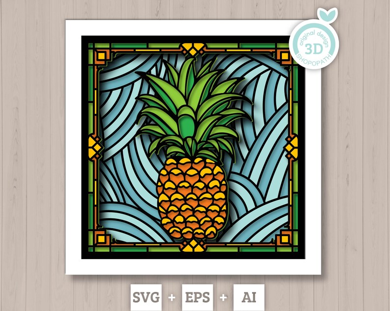 Caja de sombras de piña con vitrales SVG 3D, SVG tropical 3D, vitrales ...