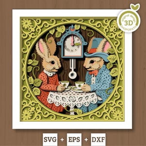 3D-Kaninchen Teeparty Schattenbox SVG für Ostern und Frühling Kaninchenpaar im antiken Rahmen DXF, Cricut Silhouette