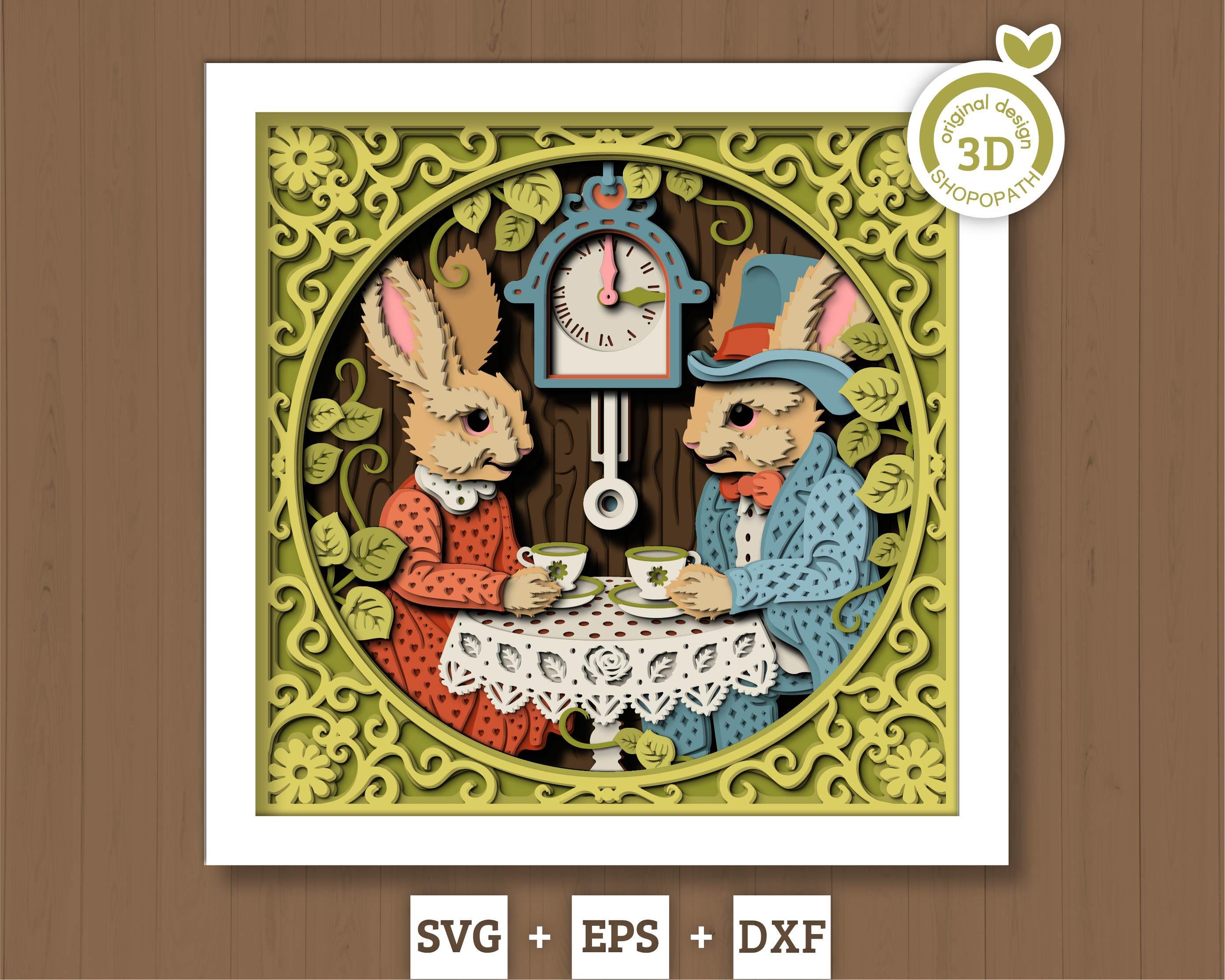 3D Bunny Tea Party Shadow Box SVG Layered For Easter And Spring Rabbit Couple In Antique Frame DXF, Cricut Silhouette