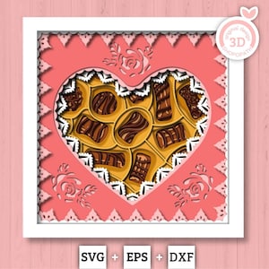 Caixa de Chocolates em Formato de Coração para o Dia dos Namorados - Caixa de Sombra 3D em Camadas (Arquivos de Corte SVG, DXF e EPS)