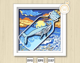 Ballena SVG 3D con caja de sombra al atardecer, Atardecer SVG 3D, Botella SVG 3D, Ballena SVG 3D, Verano SVG 3D, Caja de sombra de playa SVG 3D, Silueta de Cricut
