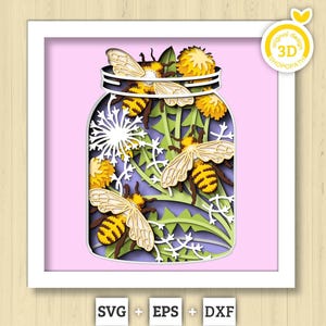 3D Bees In Jar Shadow Box SVG Layered Dandelions SVG, Spring Shadow Box, Honey Bee 3D Svg, Honey Comb 3d Svg, Papercut svg Cricut Silhouette