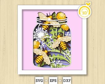 3D Bees In Jar Shadow Box SVG Layered Dandelions SVG, Spring Shadow Box, Honey Bee 3D Svg, Honey Comb 3d Svg, Papercut svg Cricut Silhouette