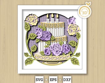 Birthday Cake with Roses Round - 3D Shadow Box Layered SVG DXF EPS (Cutting Files)