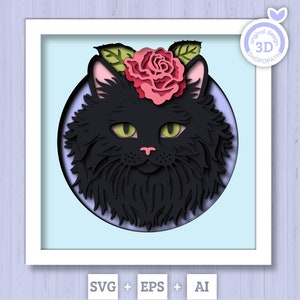 3D SVG chat noir Shadow Box, SVG en couches de chat, chaton 3D, Svg commémoratif pour animaux de compagnie animaux Shadow Box 3D chat en couches avec Rose Silhouette Cricut