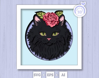 3D SVG Black Cat Shadow Box, kat gelaagde SVG, kitten 3D Svg, huisdier Memorial Svg dieren Shadow Box 3D gelaagde kat met roos silhouet Cricut