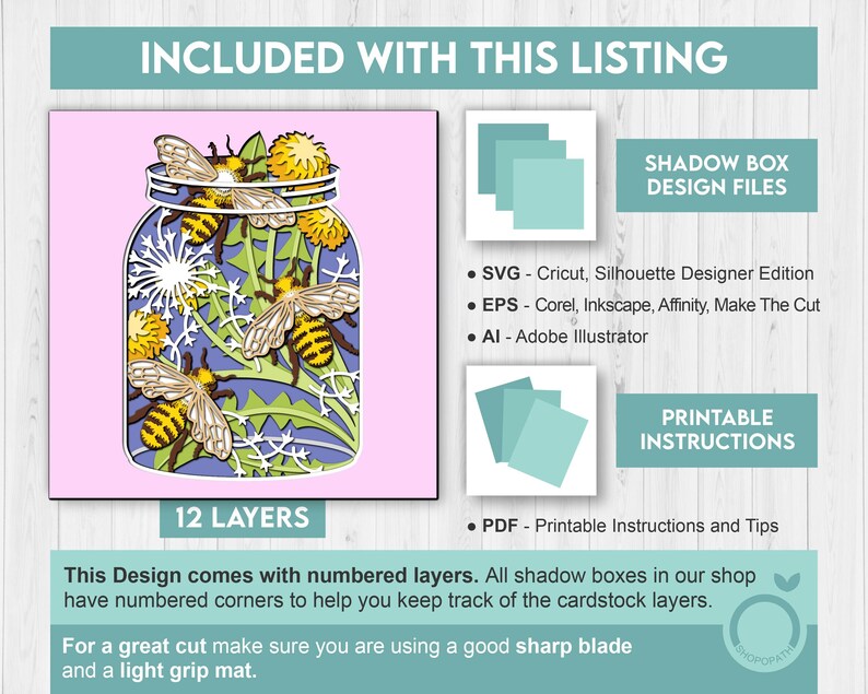 3D Bees In Jar Shadow Box SVG Layered Dandelions SVG, Spring Shadow Box, Honey Bee 3D Svg, Honey Comb 3d Svg, Papercut svg Cricut Silhouette image 3